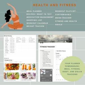 the health and fitness tracker included, two  phone sceens displaying meal planner and fitness tracker, sage green, dynamic and action-packed, Your Planner Powerhouse: Meal, Fitness, Habit, and goals Tracking