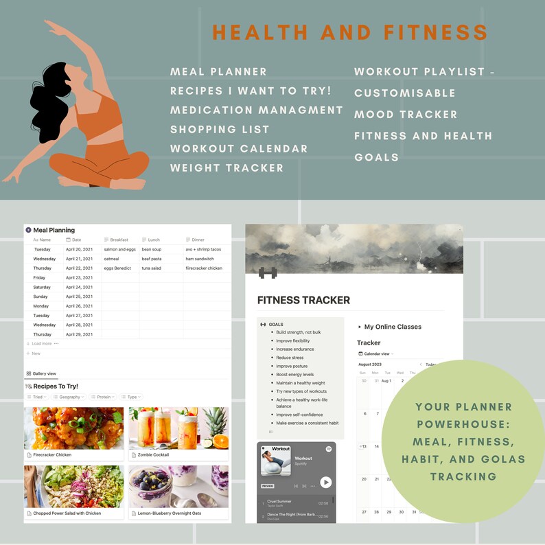 the health and fitness tracker included, two  phone sceens displaying meal planner and fitness tracker, sage green, dynamic and action-packed, Your Planner Powerhouse: Meal, Fitness, Habit, and goals Tracking