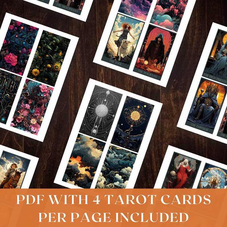 pdf with 4 tarot cards per page included, in the style of dark, moody, dark teal and light orange, detailed illustrations, multi-panel compositions,  dark compositions, tarot deck to cut out, tarot stickers