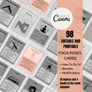 98 Yoga Poses Cards for Beginners to Advanced Yogis | Printable and Editable in Canva Yoga Card Collection | Yoga Teacher Gift | Mudras