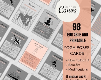 Yoga Pose Cards | 98 Printable Poses, Mudras (Canva Editable)