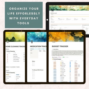 4 tablets,  organize your life effortlessly with everyday tools, in the style of light pink and brown, layered textures and patterns, symbolist themes, lush and detailed, innovative page design, sage green and light beige, layered texture