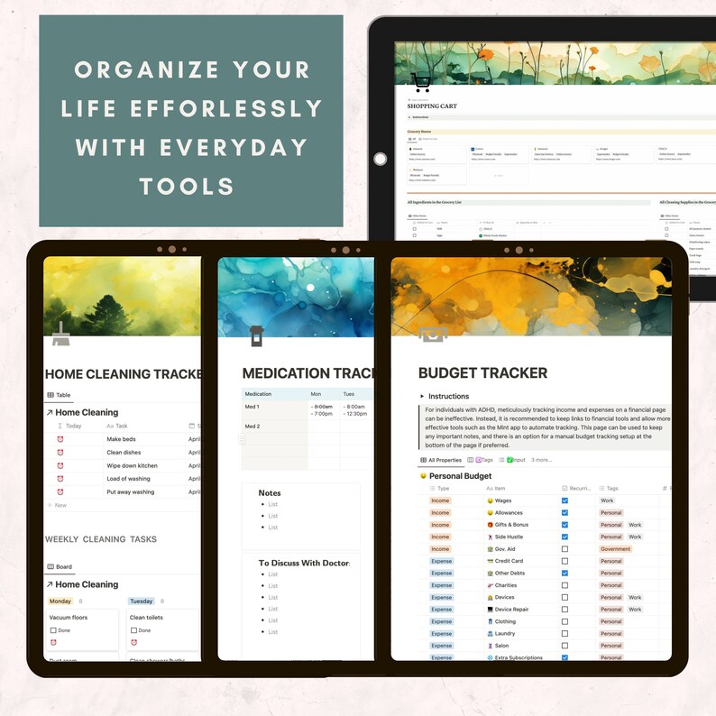 4 tablets,  organize your life effortlessly with everyday tools, in the style of light pink and brown, layered textures and patterns, symbolist themes, lush and detailed, innovative page design, sage green and light beige, layered texture