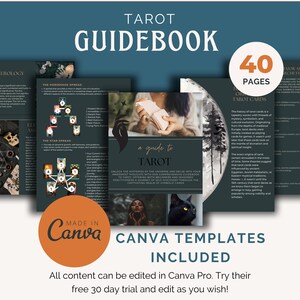 tarot guidebook, 40 pages, canva templated included, color charts and fonts, in the style of light indigo and dark black, dark white and dark beige,  dark green and orange, eye-catching tags, history of tarot, tarot spreads