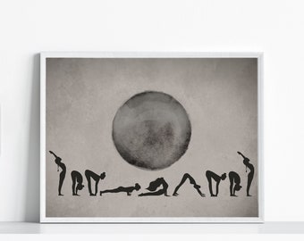 Sun Salutation Black and White Poster |DIGITAL DOWNLOAD | Yoga gift for teachers| Home Decor| Art Prints| Mindful Art |Horizontal Yoga Poses