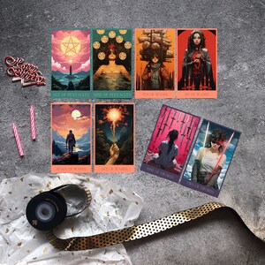 tarot cards of the world and art, in the style of dark crimson and pink, graphic rock-inspired compositions, dark orange and dark aquamarine, cyberpunk aesthetic, light crimson and bronze, birthday candles and a happy birthday sign on a table