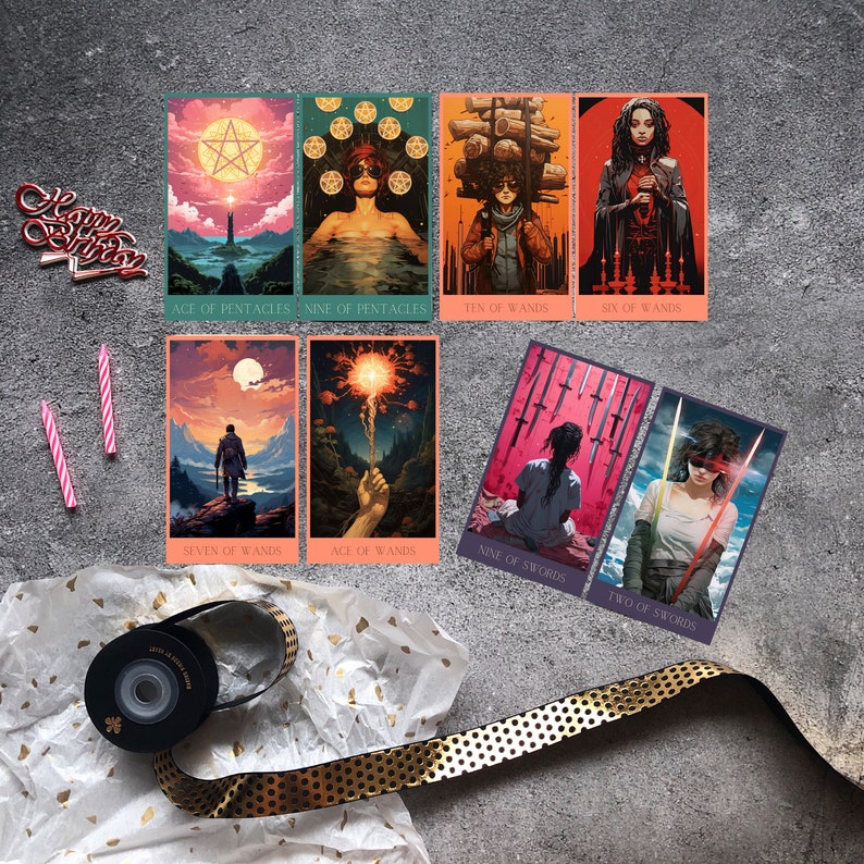 tarot cards of the world and art, in the style of dark crimson and pink, graphic rock-inspired compositions, dark orange and dark aquamarine, cyberpunk aesthetic, light crimson and bronze, birthday candles and a happy birthday sign on a table