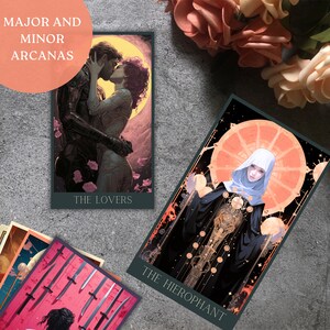 major and minor arcanas tarot deck, in the style of dreamy and romantic compositions, dark aquamarine and dark amber, anime-inspired, cyberpunk style, light pink and dark gray, vibrant portraits, flowers on the table