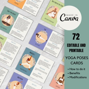 72 Yoga Poses Cards for Beginners to Advanced Yogis | Printable Yoga Card Collection | Editable in Canva | Yoga Teacher Gift