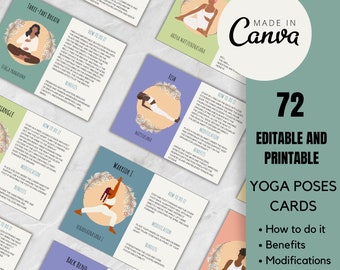 Tarjetas de 72 posturas de yoga (de principiante a avanzado), editables en Canva (PDF imprimible)
