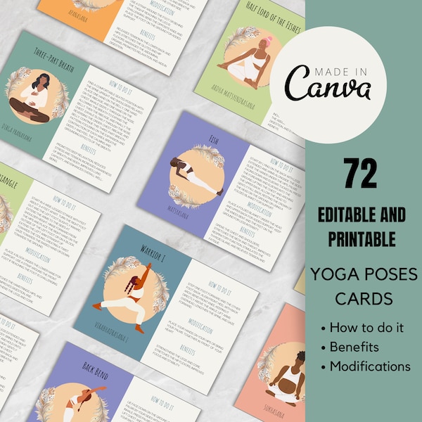 72 Yoga Poses Cards for Beginners to Advanced Yogis | Printable Yoga Card Collection | Editable in Canva | Yoga Teacher Gift