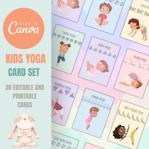 Baraja de cartas de yoga para niños, 34 tarjetas didácticas de posturas de yoga para niños, imprimibles y editables en Canva, recursos de educación en el hogar para niños pequeños, descarga instantánea