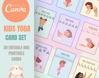 Kids Yoga Poses Flashcards, Printable Children's Activity (Canva Editable)