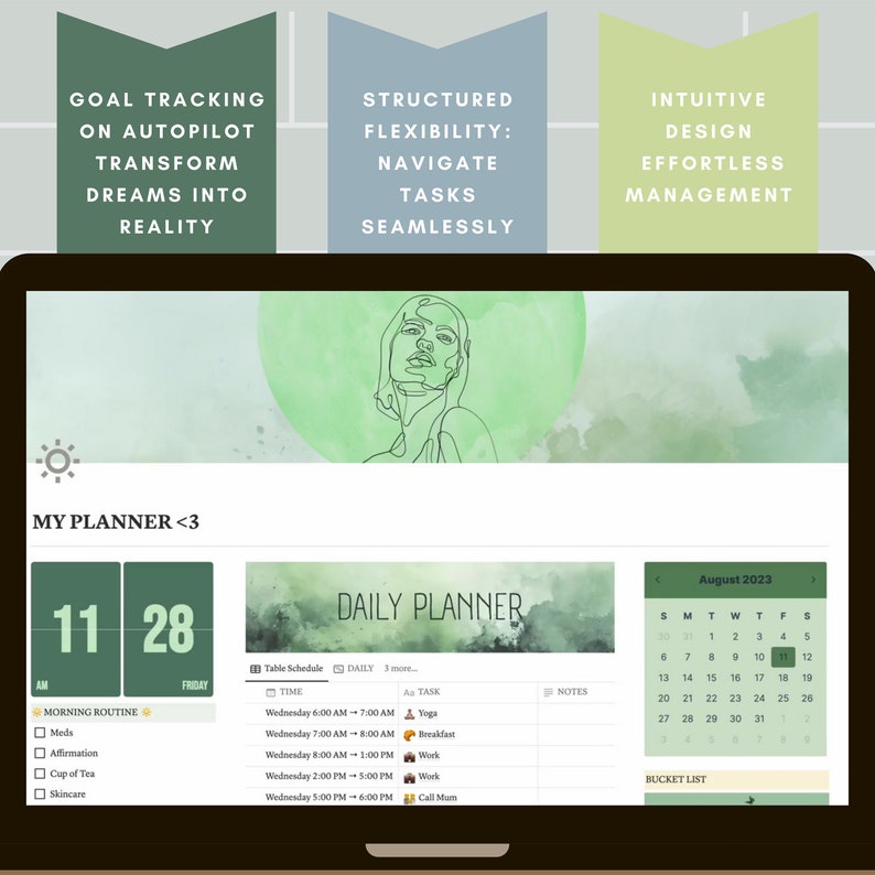 laptop screen showing the dashboard with the daily planner, calendar, morning and evening routine,  green and gray, goal tracking on autopilot, structured flexibility, intuitive design, effortless management, navigate tasks seamlessly