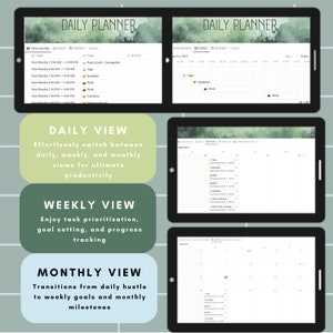 4 tablet screens with the notion journal templatesDAILY VIEW
Effortlessly switch between daily, weekly, and monthly views for ultimate productivity, WEEKLY VIEW
Enjoy task prioritization, goal setting, and progress tracking, MONTHLY VIEW