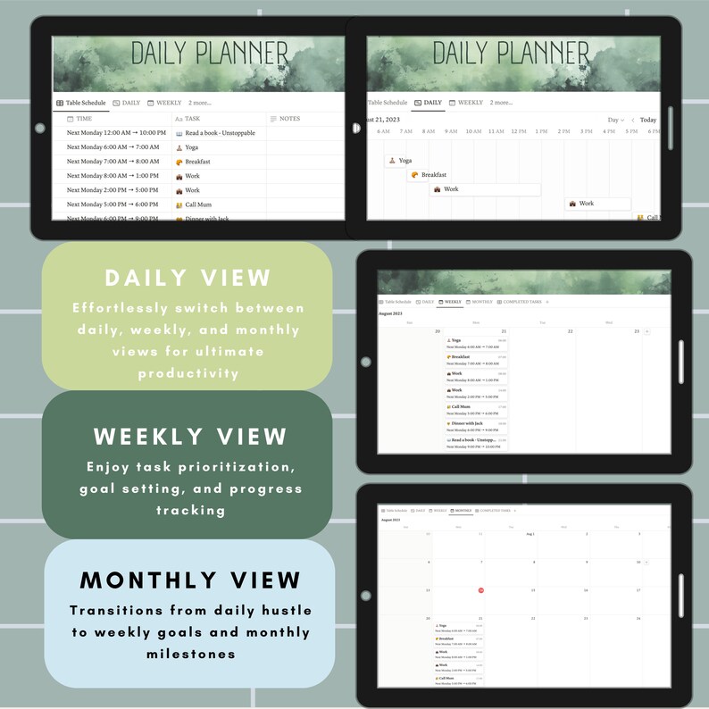 4 tablet screens with the notion journal templatesDAILY VIEW
Effortlessly switch between daily, weekly, and monthly views for ultimate productivity, WEEKLY VIEW
Enjoy task prioritization, goal setting, and progress tracking, MONTHLY VIEW