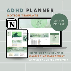 notion adhd planner, dashboard showcased on a laptop screen and a tablet screen, clean and easy, rationalist chic, light pink and dark bronze, clear and easy to use, inspire daily routines, master time management, empower your productivity
