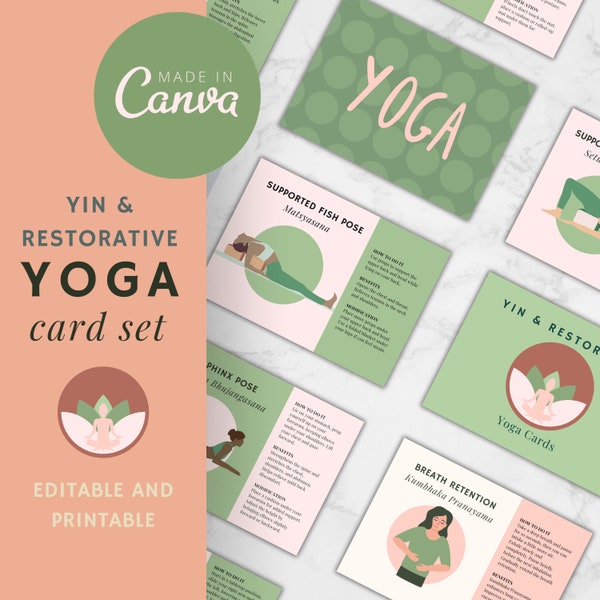 Yin and Restorative Yoga Poses Cards for Beginners to Advanced Yogis | Printable Deck | Editable in Canva | Yoga Teacher Gift