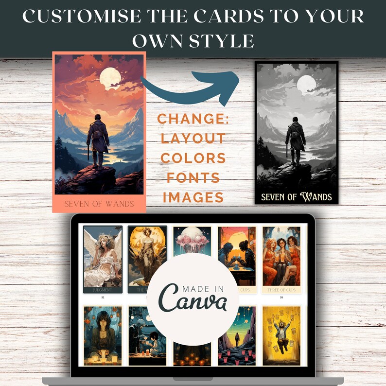 customise the cards to your own style in canva, laptop with canva templates, the same card in different styles, light black and orange, mountainous vistas, large canvas sizes, anime-inspired character designs, change layout, colors, fonts and images