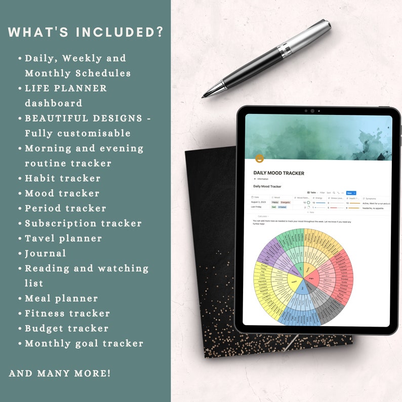 ipad with a pen, 
Morning and evening Habit tracker, 
Reflection Tracker
Subscriptions, Budget, Travel, Meals 
Journal
Reading list
Fitness tracker
Budget tracker
Monthly goal tracker
Daily Affirmation
Calendar
mood tracker