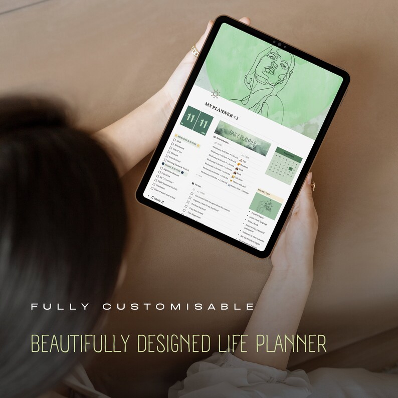 a person holding a full a tablet with the notion manifestation journal, in the style of precise and lifelike, gritty elegance, dark orange and light green, luminous quality, collecting and modes of display, soft and rounded forms, fully customisable