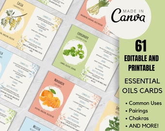 61 Essential Oils Cards | Printable Aromatherapy Card Collection | Editable Herb Cards in Canva | Botanical Plant Cards | Affirmations