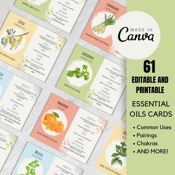 61 Essential Oils Cards | Printable Aromatherapy Card Collection | Editable Herb Cards in Canva | Botanical Plant Cards | Affirmations