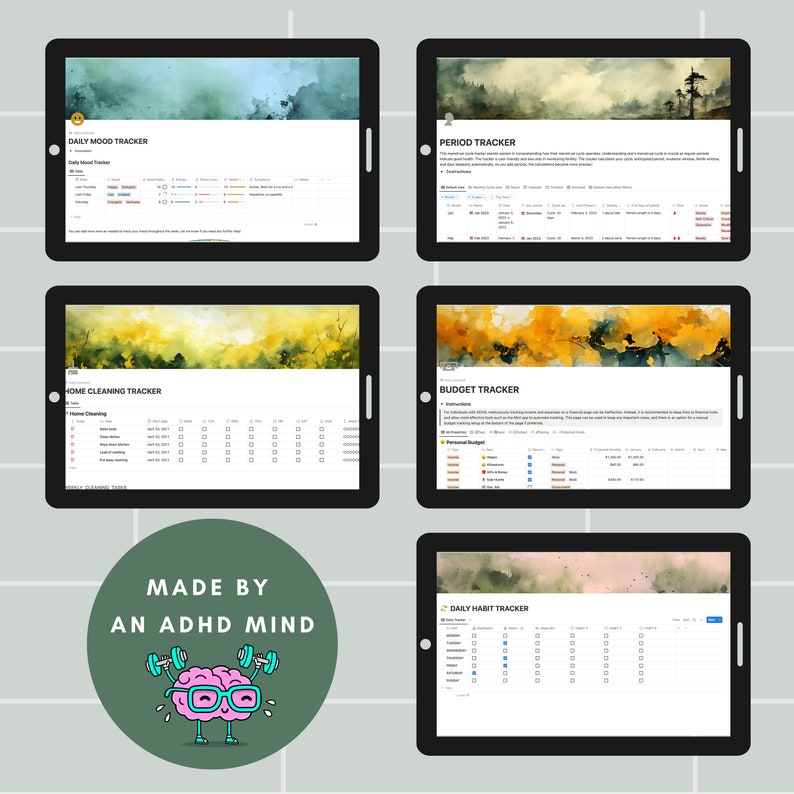 5 tablet screens with the notion journal templates, made by an adhd mind, in the style of sleepycore, soft, muted palette, light green sage  interactive, clamp, rusticcore, soft outlines