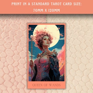 queen of wands tarot card in the middle, in the style of light pink and orange, layered textures and patterns, realistic portrayal of light and shadow, gravure printing, romantic fantasy, print in a standard tarot card size 70mm x 120mm