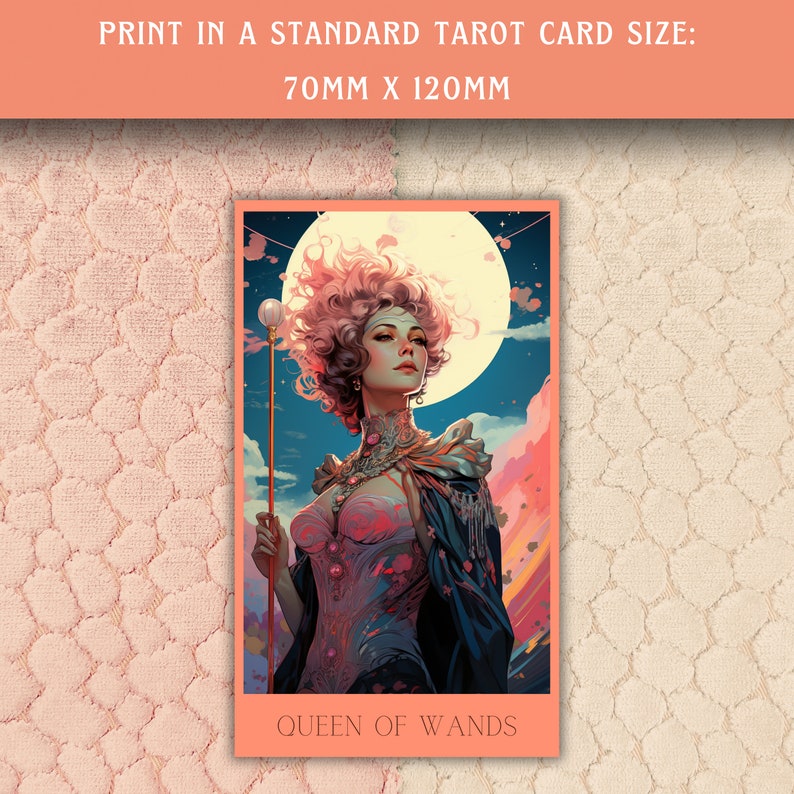 queen of wands tarot card in the middle, in the style of light pink and orange, layered textures and patterns, realistic portrayal of light and shadow, gravure printing, romantic fantasy, print in a standard tarot card size 70mm x 120mm