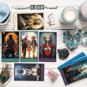 a white table with candles, crystals, tarot cards and jewellery on it, in the style of fantasy characters, dark gray and dark aquamarine, art nouveau-inspired illustrations, vibrant color choices, fantastical contraptions