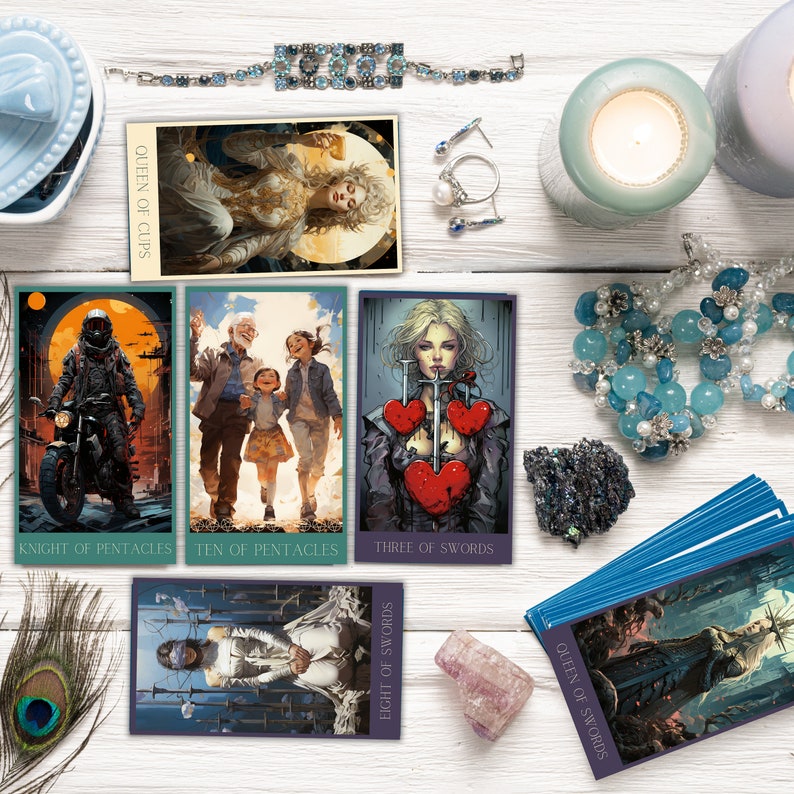 a white table with candles, crystals, tarot cards and jewellery on it, in the style of fantasy characters, dark gray and dark aquamarine, art nouveau-inspired illustrations, vibrant color choices, fantastical contraptions