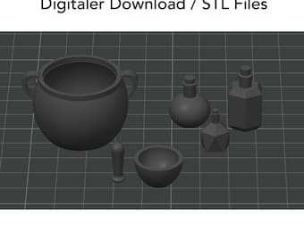 Arquivo STL / Download Digital Conjunto de Acessórios de Mago | Laboratório Mágico 1:12 para Casas de Bonecas ou Gnomos | Mini Frascos | Mini Caldeirões