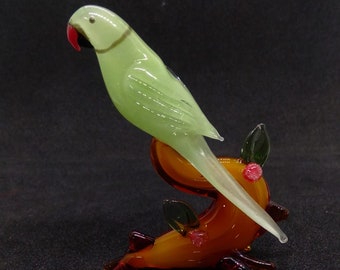 Arte de cristal hecho a mano de Murano, pájaro loro verde con rama, adornos para el hogar