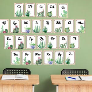 Cursief plantenalfabet displaykaarten | Klaslokaaldecoratie met plantenthema | Displaykaarten met plantenalfabet | Digitaal printen en direct downloaden