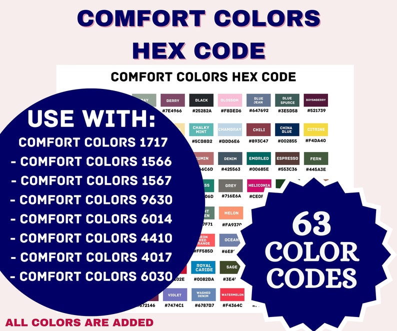 Hex Code Comfort Colors,color Chart, Editable Comfort Colors Color Chart 1717, 1566, 1567, 9630