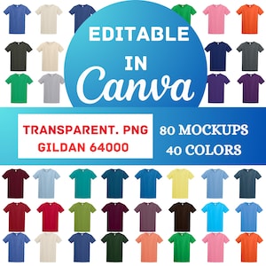 Canva editable Gildan 64000 Mockup Bundle, Transparent + White Backgrounds, Gildan 64000 Front and Back Mockup Bundle, PNG, G64000, 64000
