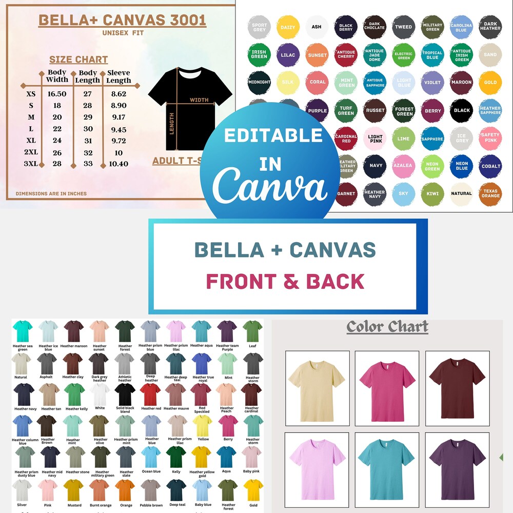 Color Chart Canva Template, Bella Canvas 3001 ,Canva Editable Color Chart Bella Canvas 3001, Png Transparent Files, Editable Bella + Canvas Moderndaydecors