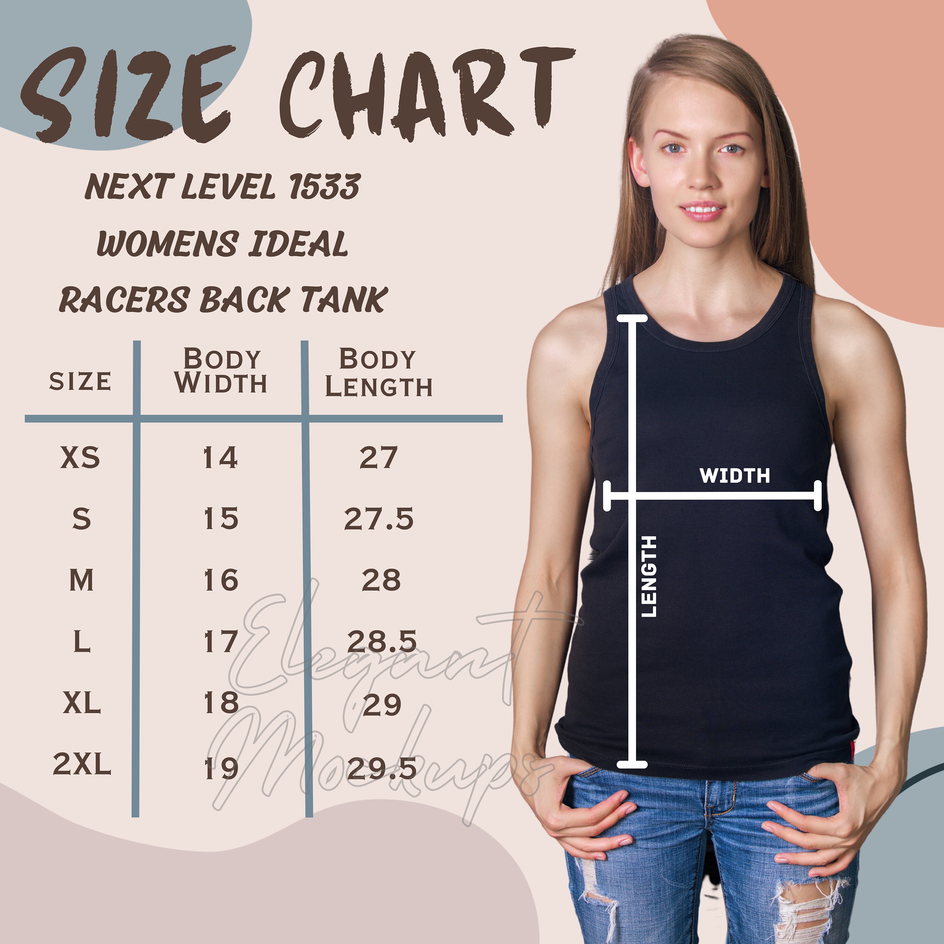 Next Level 1533 Tank Top Size Chart, 1533 Size Chart, Ladies