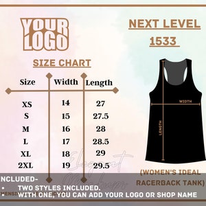 Rock'n'Roll Tank Top Größentabelle, Damen Rocke 1533 Tank Top Größentabelle, 1533 Größentabelle, Damen Ideal Racerback Tank Top Größentabelle, Elegantes Mockup