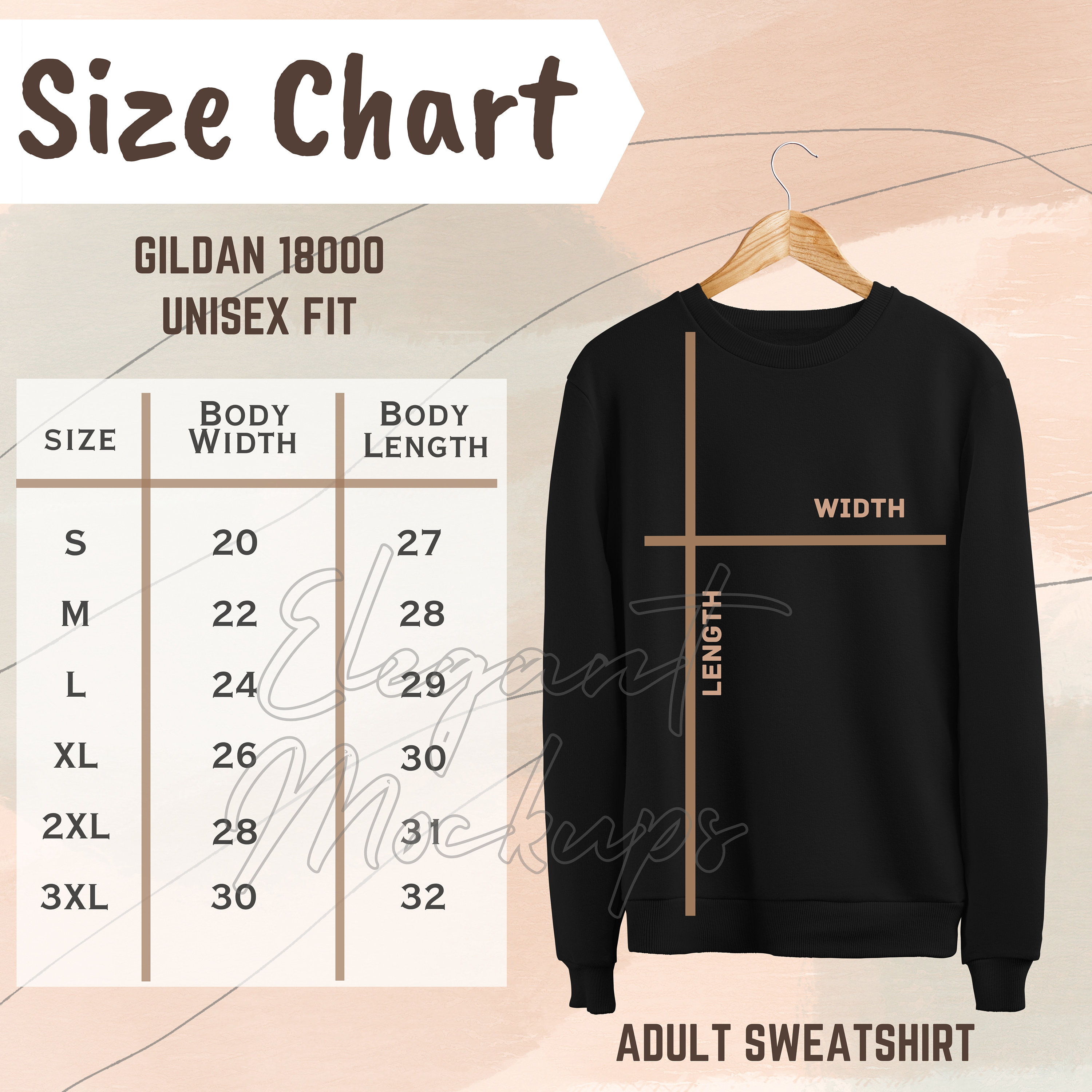Gildan 18000 Size Chart, 18000 Size Chart, Gildan 18000 Mockup and Size
