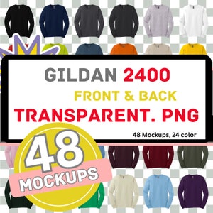 May include: 48 mockups of Gildan 2400 long-sleeved shirts in 24 different colours. The shirts are shown in front and back views. The text "Gildan 2400 Front & Back Transparent. PNG 48 Mockups, 24 colour" is displayed on a black rectangle.