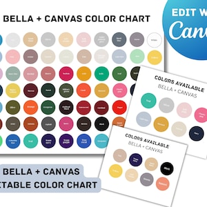 Carta de colores editable Bella + Canvas, carta de colores Bella Canvas 3001, plantilla Canva de carta de colores, carta de colores Gildan, carta de colores cómodos