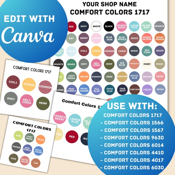 Canva Editable  Color Chart, Editable Comfort Colors color chart 1717, 1566, 1567, 9630, 6014, 4410, 4017, 6030