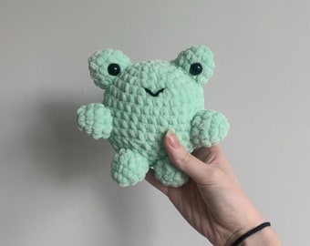 Crochet Chunky Green Frog Plushie Handmade Stuffed Animal