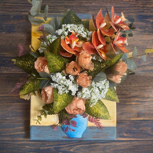 Orchidées faites maison, roses, image acrylique 3D, bouquet suspendu avec des fleurs en soie artificielles, décoration de la maison, cadeau unique