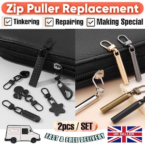 Puede incluir: Surtido de tiradores de cremallera de repuesto en varias formas y colores, incluyendo negro, dorado y plateado. La imagen incluye el texto "Zip Puller Replacement", "Tinkering", "Repairing" y "Making Special".