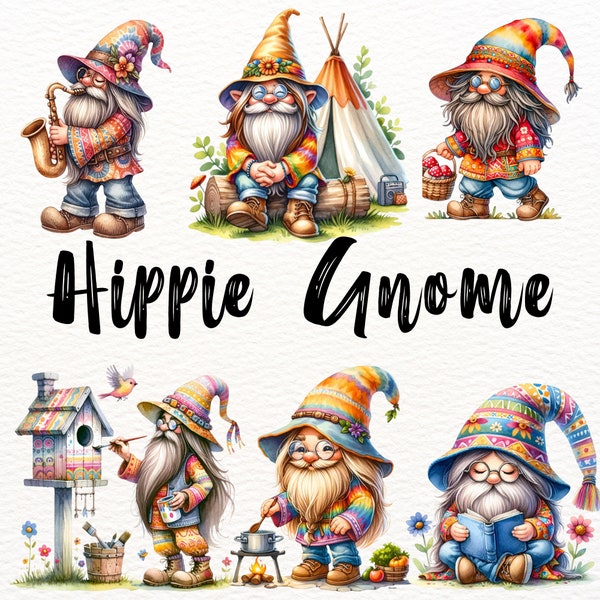 Watercolor Hippie Gnome Clipart ,20 High-Quality PNGs , Hippy Gnome clipart,Hippie graphics,Paper craft ,tie dye gnomes png, hippie soul png