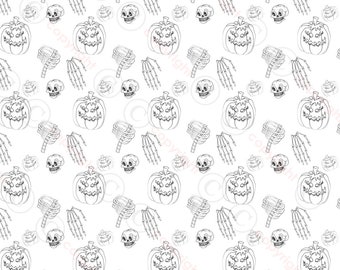 Skeleton & Pumpkin Pattern - Digital Hand Drawn - by Raz Naor