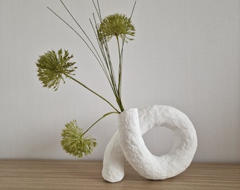 White paper mache vase, Organic papier mache, Wabi sabi vessel, Minimalist structural vase, Coffee table centerpiece, New apartment gift